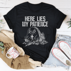 Here Lies My Patience T-Shirt (Color: Black Heather, size: XL)