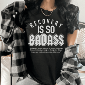 Recovery Is So Badass T-Shirt (Color: Black Heather, size: M)