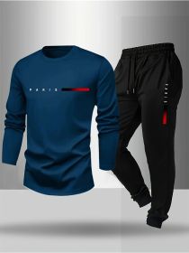 Athletic Tracksuit, Sweatshirt and Joggers Set with Red Accent, Casual Streetwear for Men (Color: Blue, size: S)