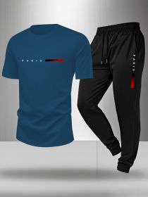 Men's Matching Outfit Set: Graphic Crew Neck T-Shirt & Printed Sweatpants Joggers | Casual Short Sleeve Tee and Athletic Lounge Pants Set (Color: Blue, size: XXXL)